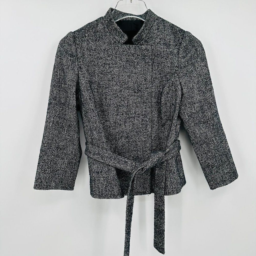 Club Monaco Size XS Black & White Herringbone Tie Waist Lined  Wool Jacket